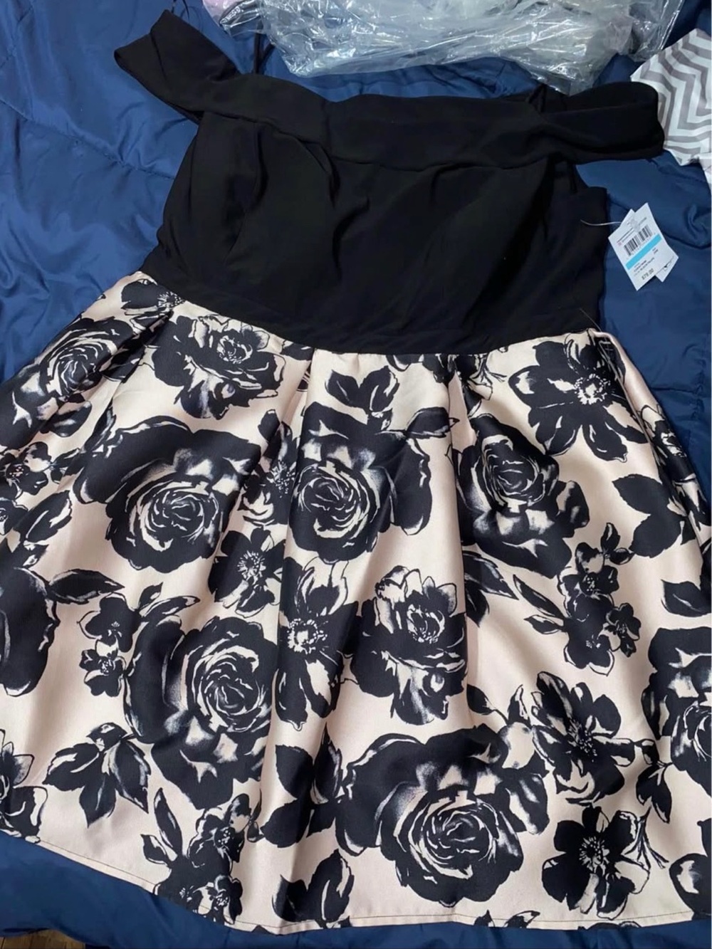 Morgan & Co. Black Bodice with Cream and Black Floral Skirt Prom Dress
